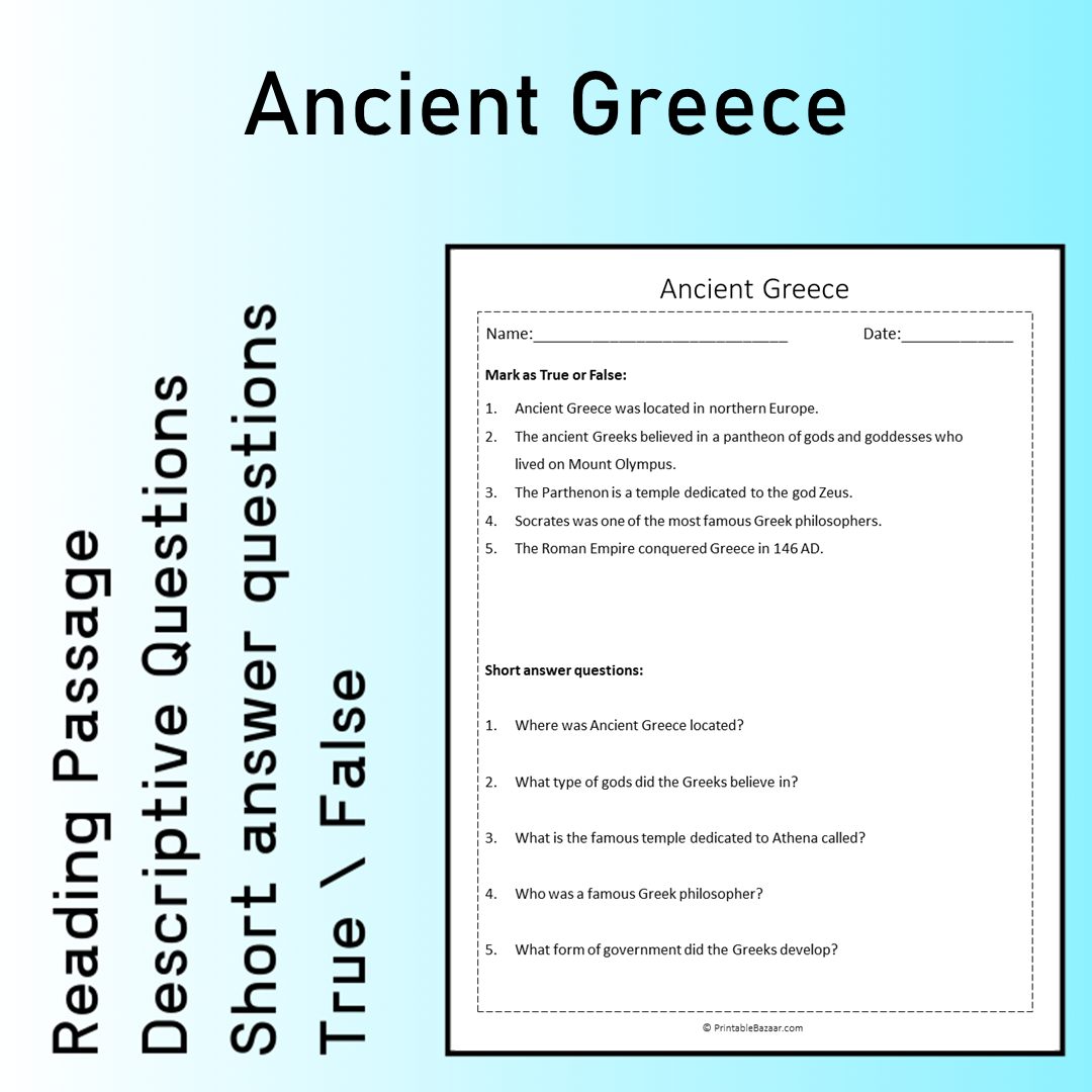 Ancient Greece | Reading Comprehension Passage Printable Worksheet