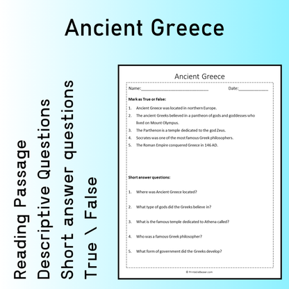 Ancient Greece | Reading Comprehension Passage Printable Worksheet