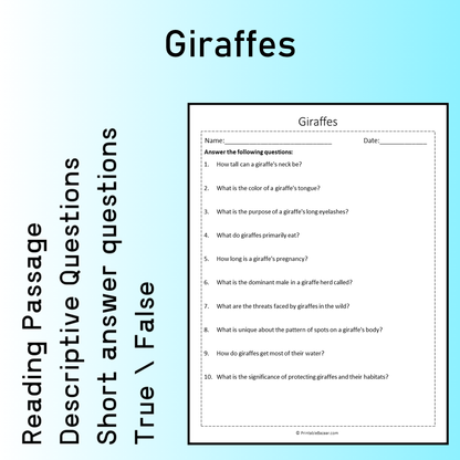 Giraffes | Reading Comprehension Passage Printable Worksheet