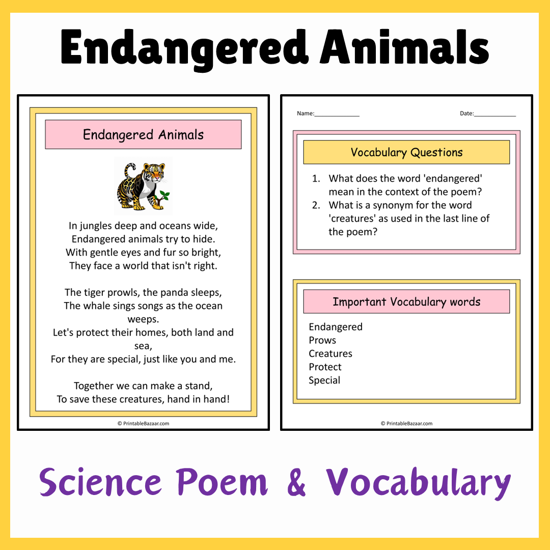 Endangered Animals | Science Poem Reading Comprehension Activity