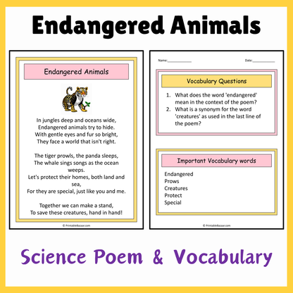 Endangered Animals | Science Poem Reading Comprehension Activity