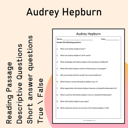 Audrey Hepburn | Reading Comprehension Passage Printable Activity