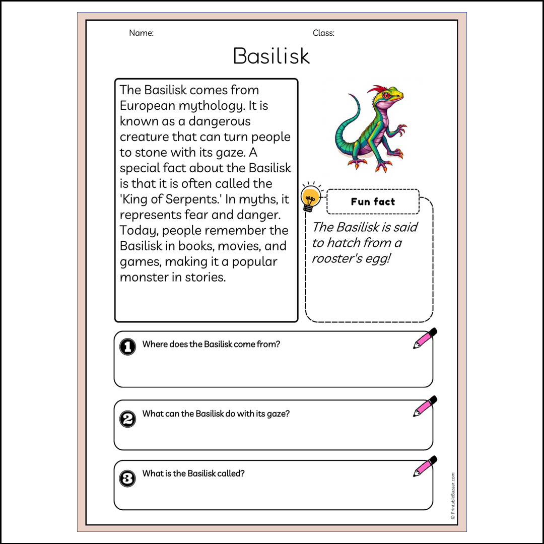 Basilisk | Reading Passage Comprehension Questions Writing Facts Worksheet