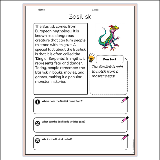 Basilisk | Reading Passage Comprehension Questions Writing Facts Worksheet