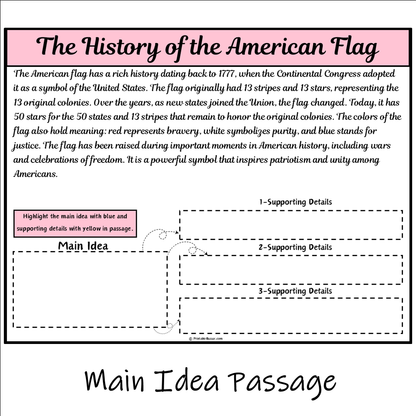 The History of the American Flag | Main Idea and Supporting Details Reading Passage and Questions