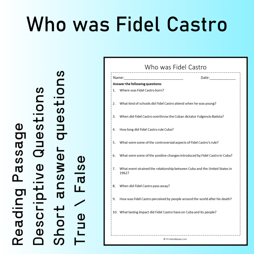 Who was Fidel Castro | Reading Comprehension Passage Printable Worksheet