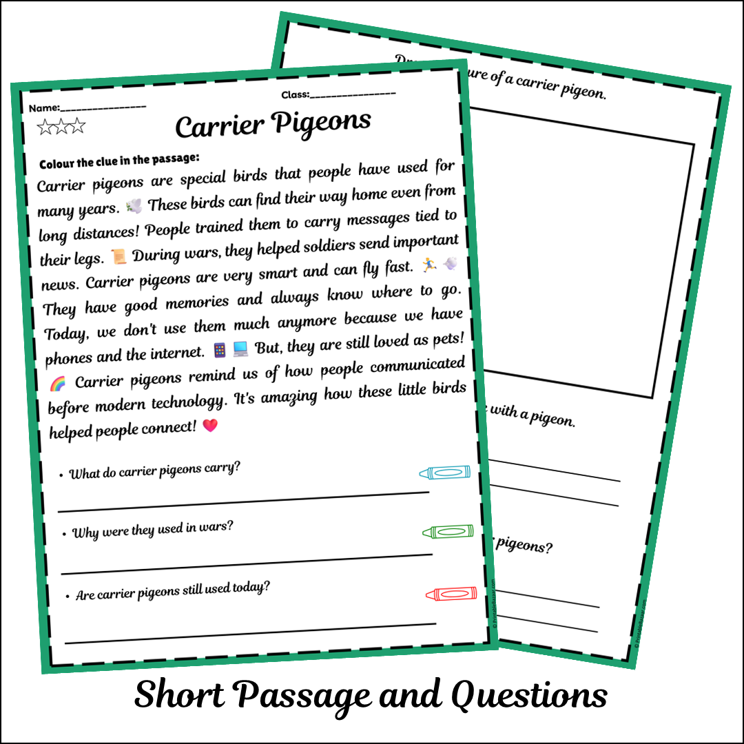 Carrier Pigeons | Short Reading Comprehension Creative Worksheet