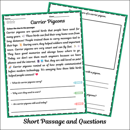 Carrier Pigeons | Short Reading Comprehension Creative Worksheet