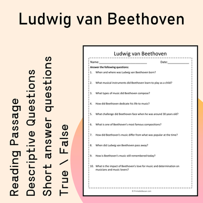 Ludwig van Beethoven | Reading Comprehension Passage Printable Activity