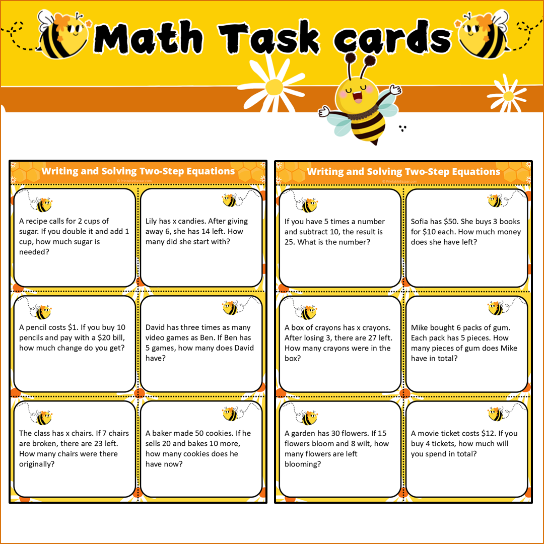 Writing and Solving Two-Step Equations | Math Task Cards