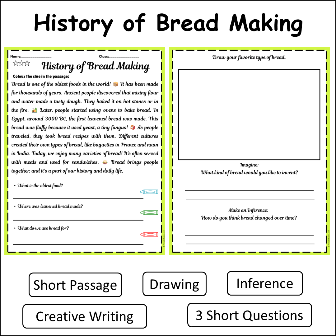 History of Bread Making | Short Reading Comprehension Creative Worksheet