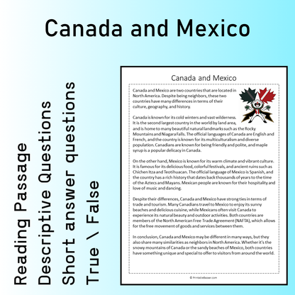 Canada and Mexico | Reading Comprehension Passage Printable Worksheet