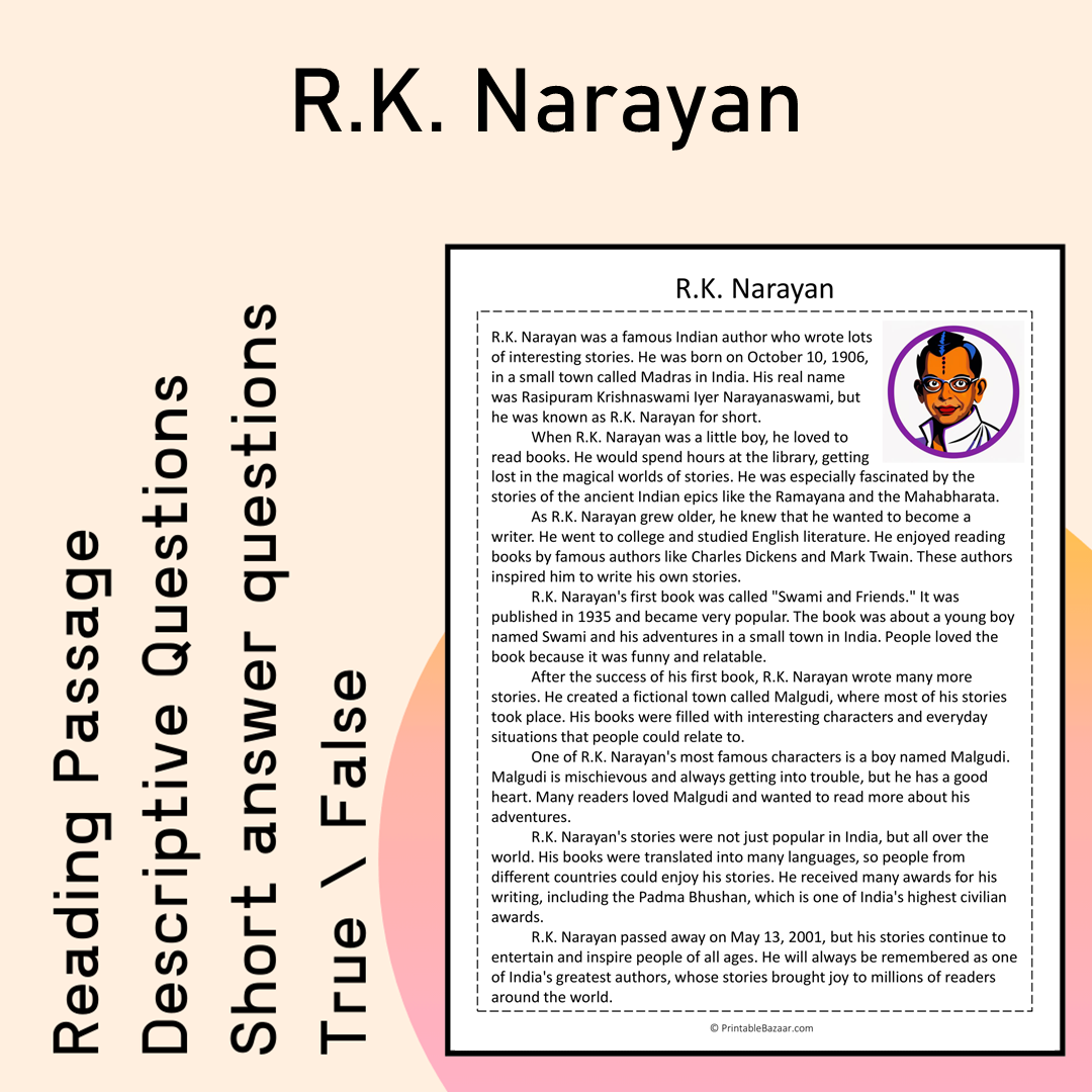 R.K. Narayan | Reading Comprehension Passage Printable Activity