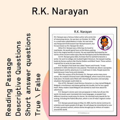 R.K. Narayan | Reading Comprehension Passage Printable Activity