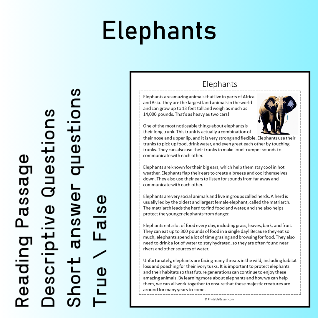 Elephants | Reading Comprehension Passage Printable Worksheet