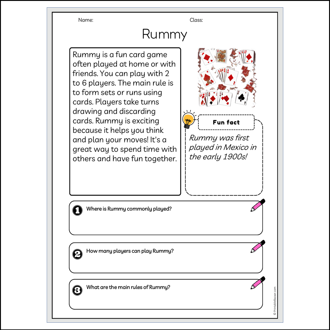 Rummy | Reading Passage Comprehension Questions Writing Facts Worksheet