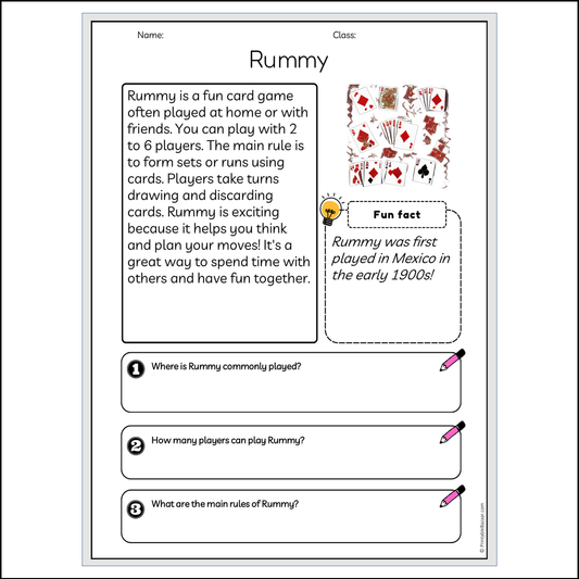 Rummy | Reading Passage Comprehension Questions Writing Facts Worksheet