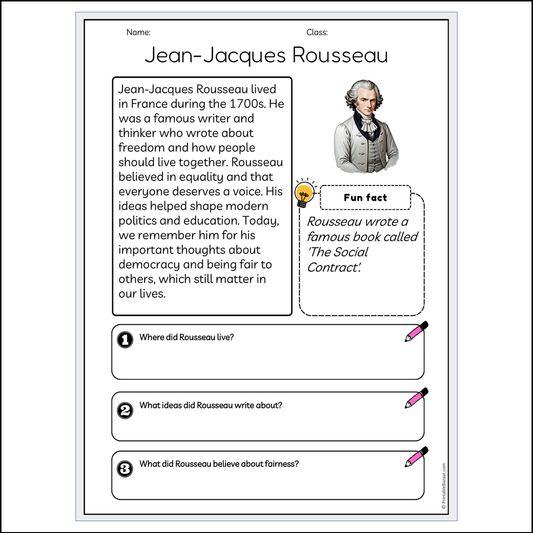 Jean-Jacques Rousseau | Reading Passage Comprehension Questions Writing Facts Worksheet