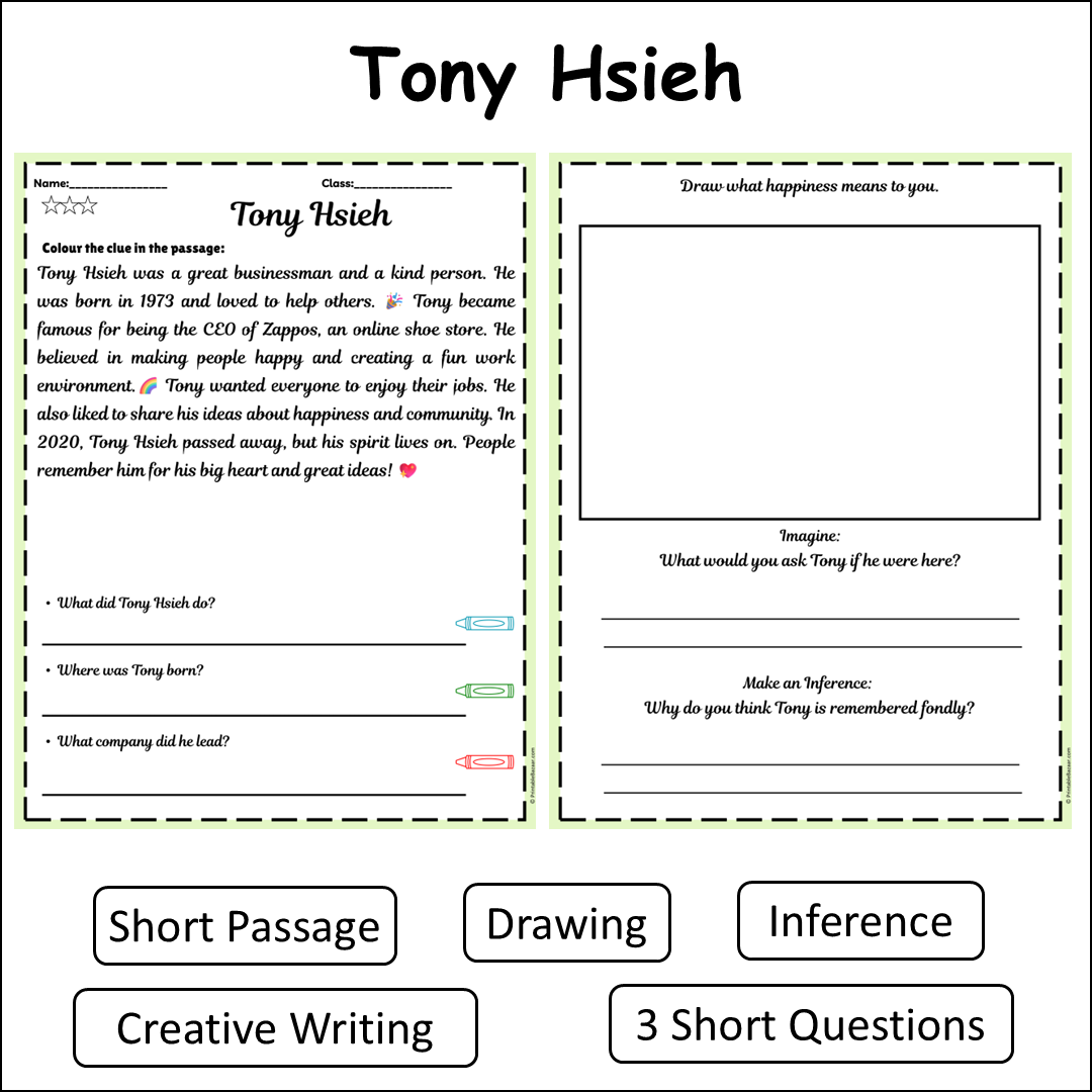 Tony Hsieh | Short Reading Comprehension Creative Worksheet