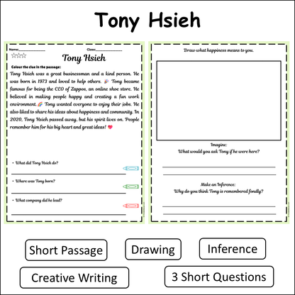 Tony Hsieh | Short Reading Comprehension Creative Worksheet