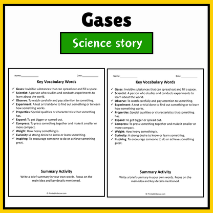 Gases | Science Story Reading Comprehension Activity