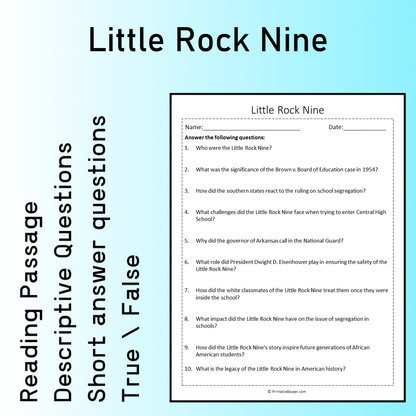 Little Rock Nine | Reading Comprehension Passage Printable Worksheet