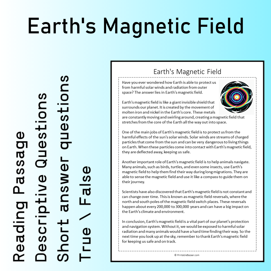Earth's Magnetic Field | Reading Comprehension Passage Printable Worksheet
