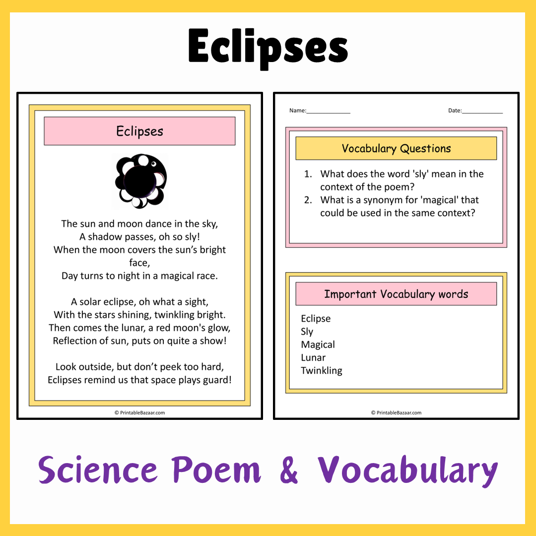 Eclipses | Science Poem Reading Comprehension Activity