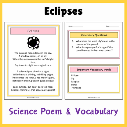 Eclipses | Science Poem Reading Comprehension Activity