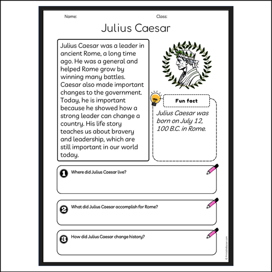 Julius Caesar | Reading Passage Comprehension Questions Writing Facts Worksheet