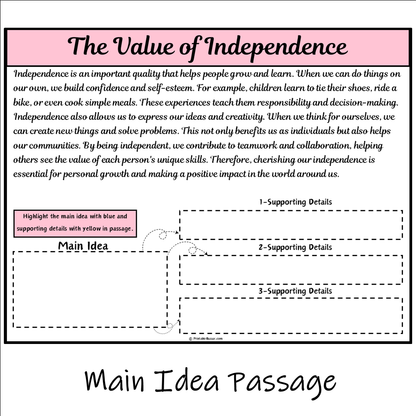 The Value of Independence | Main Idea and Supporting Details Reading Passage and Questions