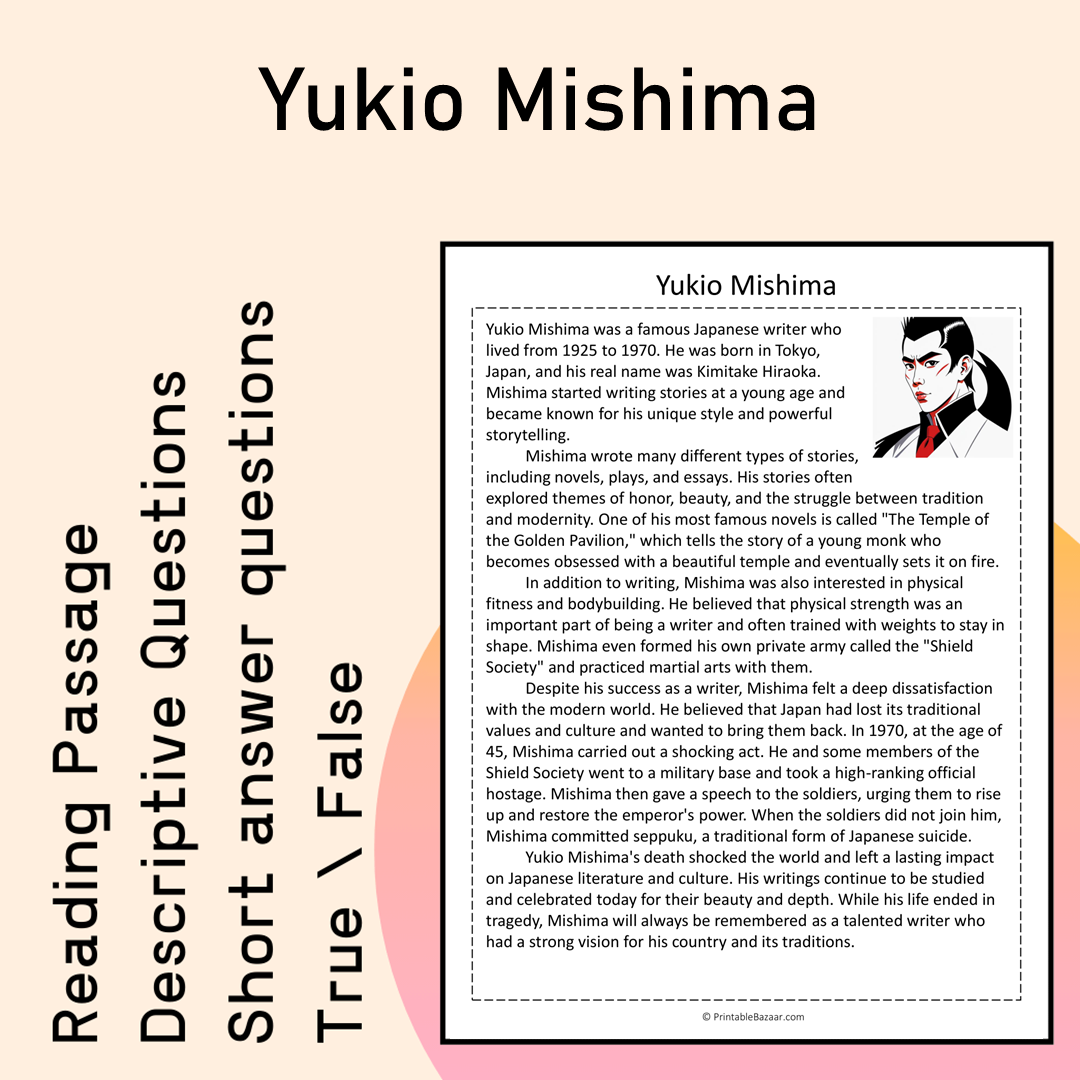 Yukio Mishima | Reading Comprehension Passage Printable Activity