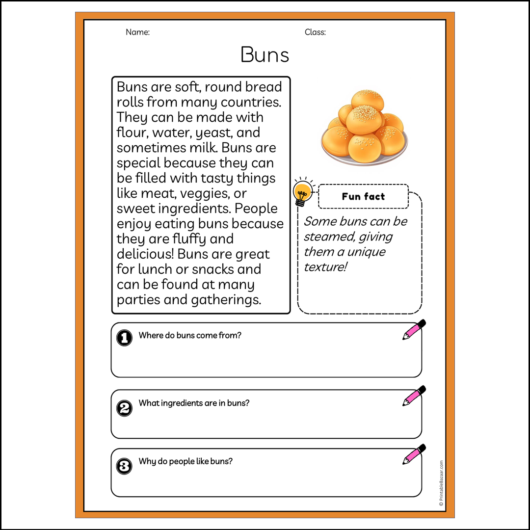 Buns | Reading Passage Comprehension Questions Writing Facts Worksheet