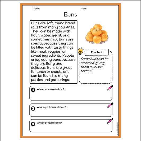 Buns | Reading Passage Comprehension Questions Writing Facts Worksheet