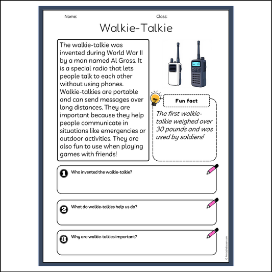 Walkie-Talkie | Reading Passage Comprehension Questions Writing Facts Worksheet