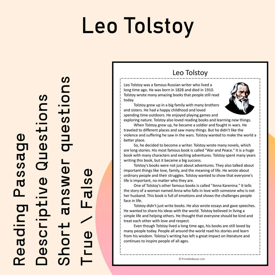 Leo Tolstoy | Reading Comprehension Passage Printable Activity