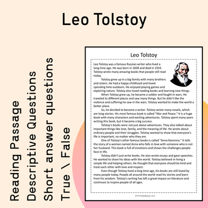Leo Tolstoy | Reading Comprehension Passage Printable Activity