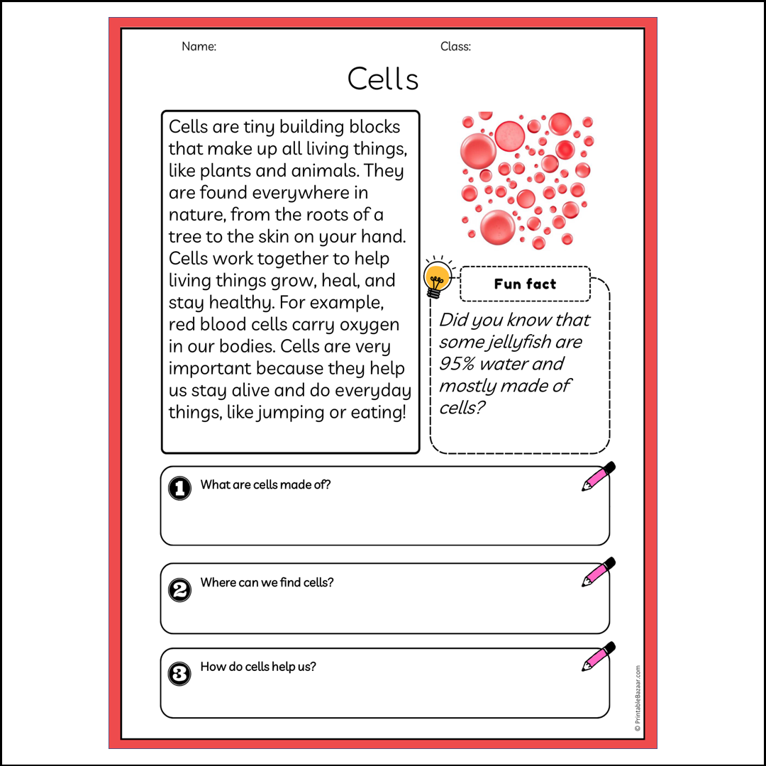 Cells | Reading Passage Comprehension Questions Writing Facts Worksheet