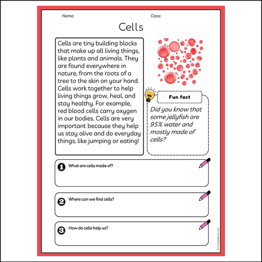 Cells | Reading Passage Comprehension Questions Writing Facts Worksheet