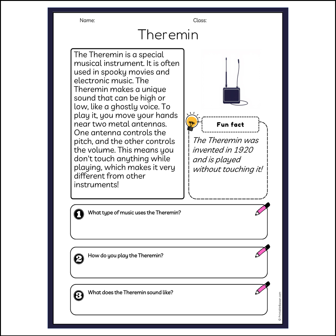 Theremin | Reading Passage Comprehension Questions Writing Facts Worksheet