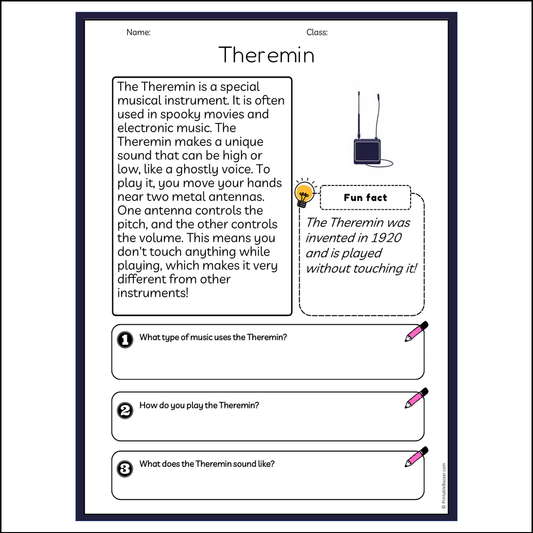 Theremin | Reading Passage Comprehension Questions Writing Facts Worksheet