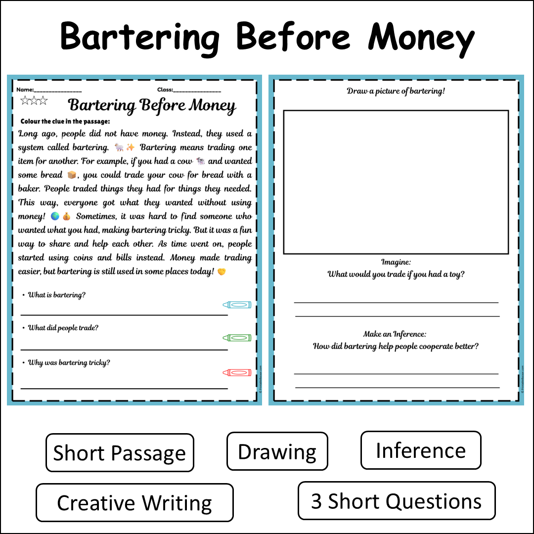 Bartering Before Money | Short Reading Comprehension Creative Worksheet