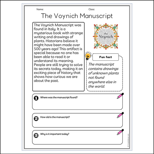 The Voynich Manuscript | Reading Passage Comprehension Questions Writing Facts Worksheet