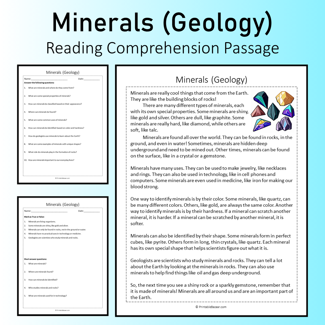 Minerals (Geology) | Reading Comprehension Passage Printable Worksheet