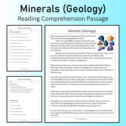 Minerals (Geology) | Reading Comprehension Passage Printable Worksheet