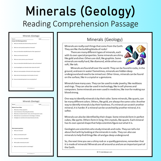 Minerals (Geology) | Reading Comprehension Passage Printable Worksheet