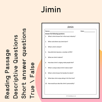 Jimin | Reading Comprehension Passage Printable Activity