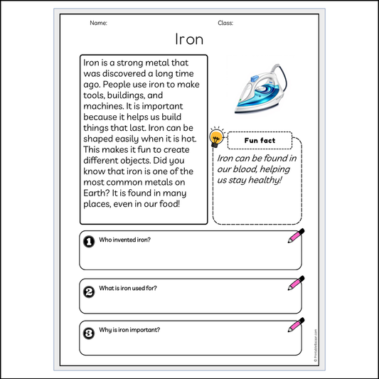 Iron | Reading Passage Comprehension Questions Writing Facts Worksheet