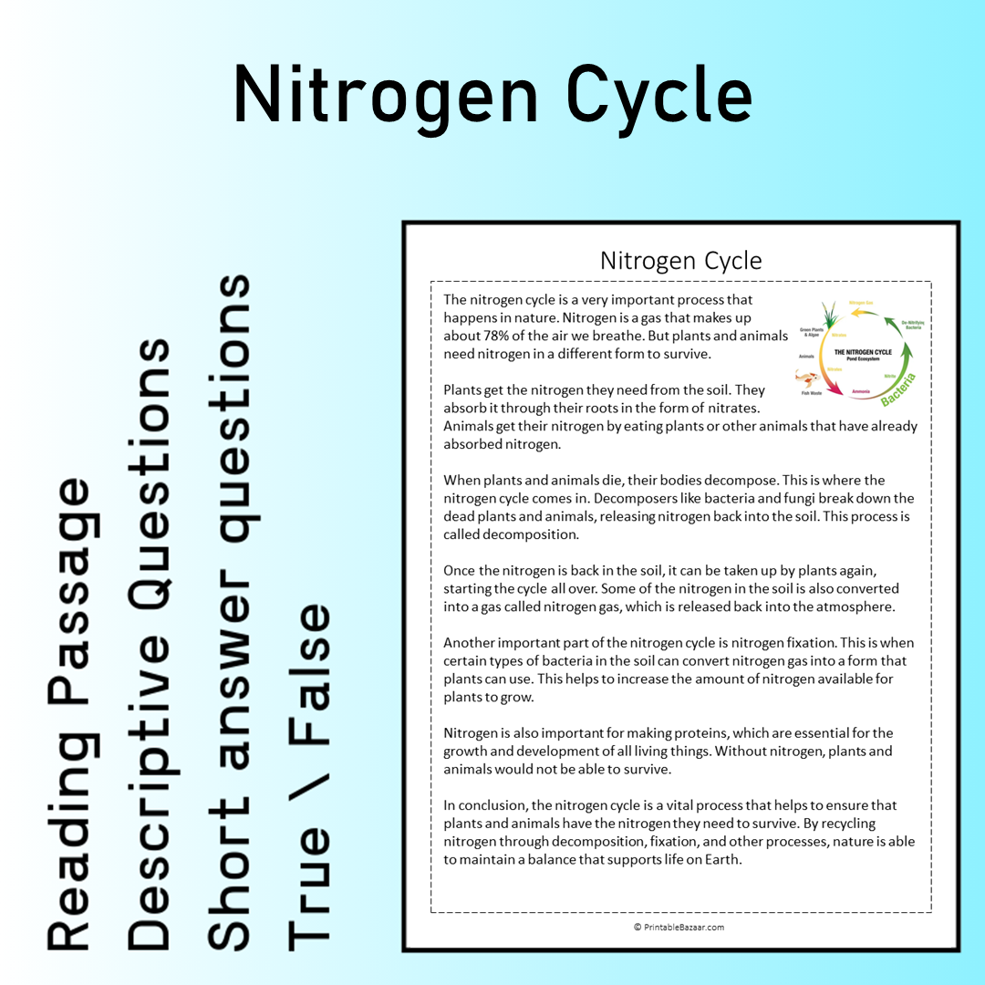 Nitrogen Cycle | Reading Comprehension Passage Printable Worksheet