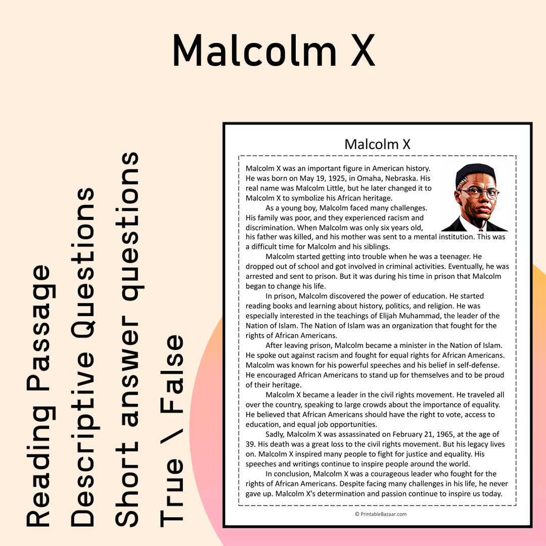 Malcolm X | Reading Comprehension Passage Printable Activity